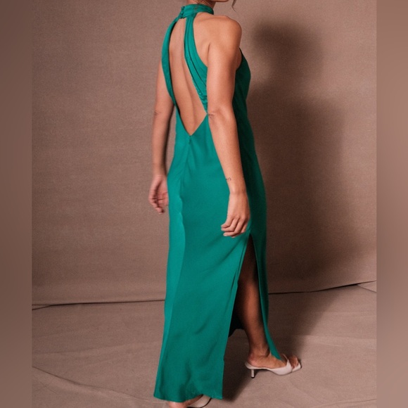 Meshki Claire Green Satin Drape Back Maxi Dress with Split - Picture 7 of 11